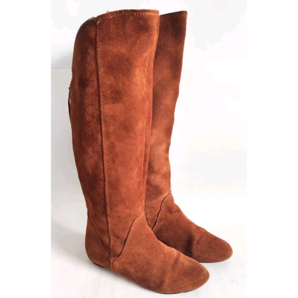 Steve‎ Madden Luxe Lash Cognac Brown Suede Knee High Boots Exposed Back Zipper 6
